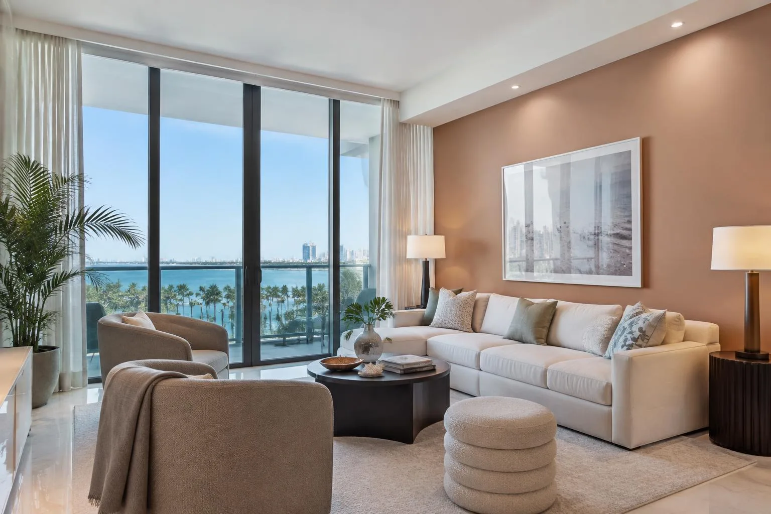 Modern South Florida condo living room with a freshly painted warm accent wall