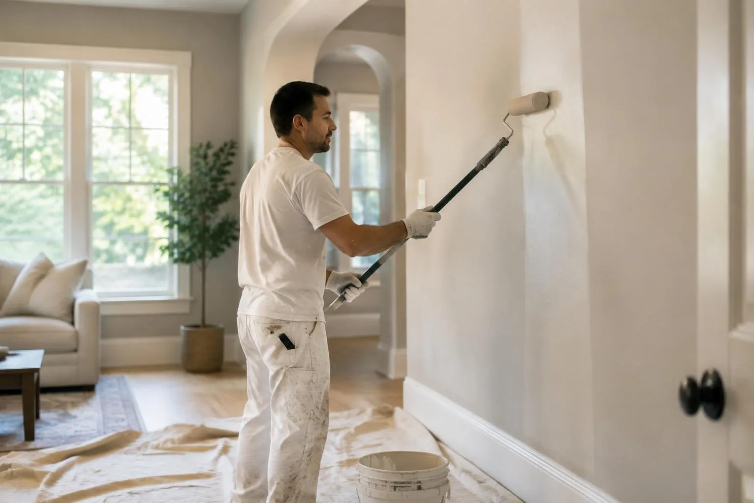 Professional painter rolling fresh paint onto an interior wall in an elegant home