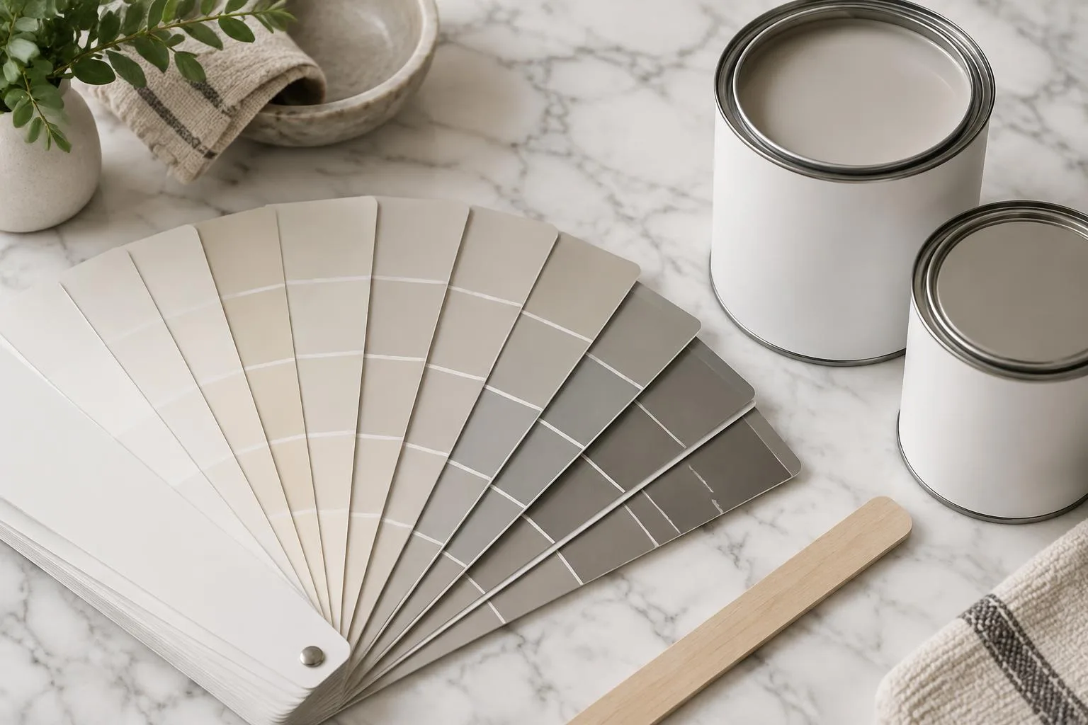 Open fan deck of neutral paint swatches beside unbranded paint cans on a marble surface